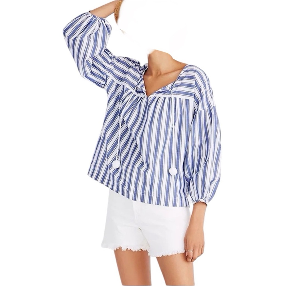 Madewell Blue White Boho Pom Pom Tassel Tie Peasant Top in Shea Stripe Medium